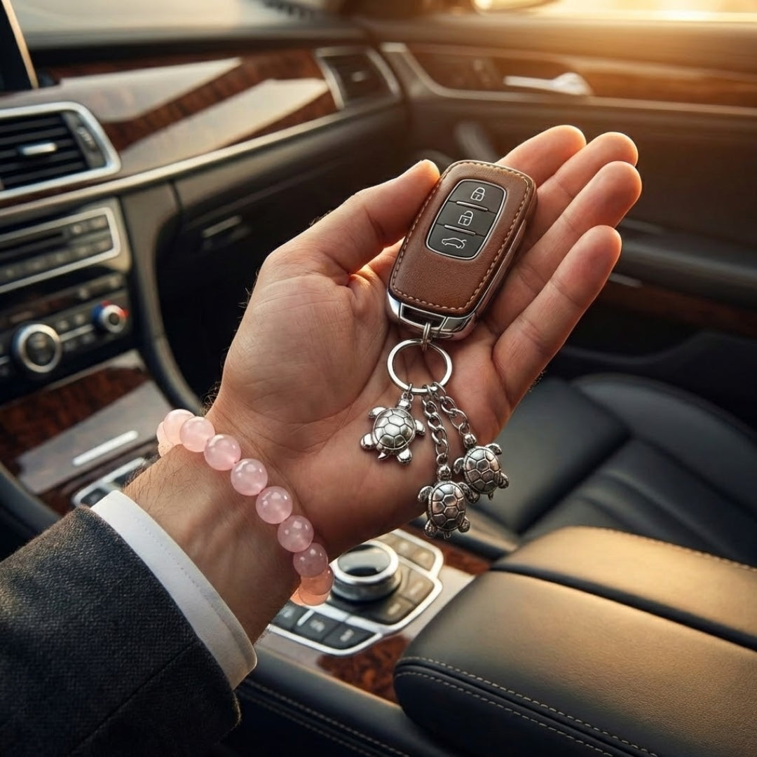 Rose Quartz Bracelet With Pyrite key Chain
