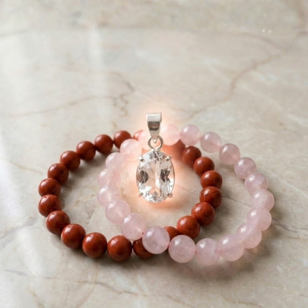 Red Jasper Bracelet with Rose Quartz Bracelet + Free Clear Quartz Pendant