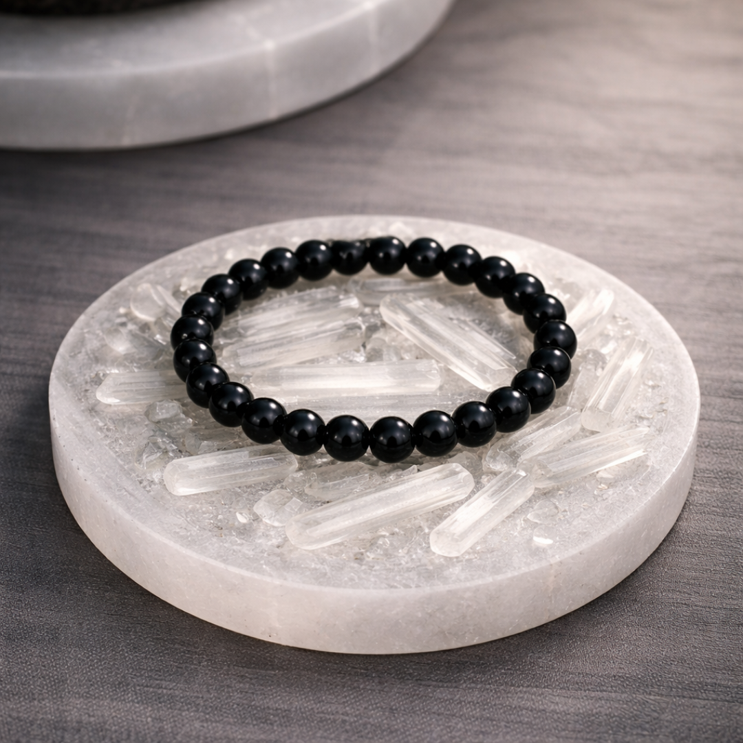 Black Tourmaline Bracelet with Free Raw Selenite Plate