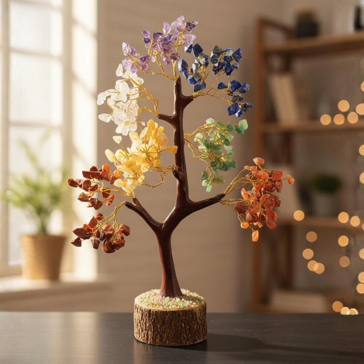 Close-up of Seven Chakra Tree showing vibrant chakra crystals for meditation and healing.