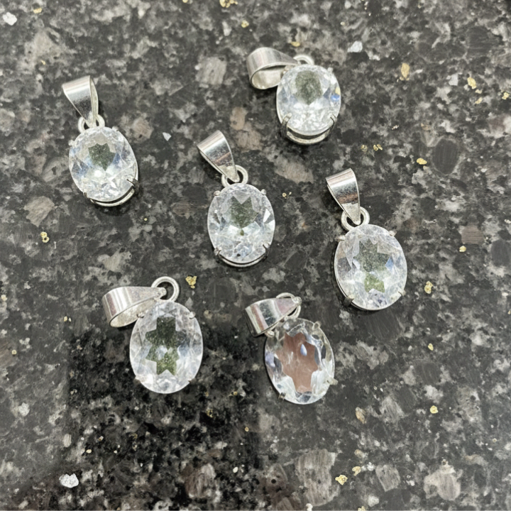 Close-up of Clear Quartz Pendant showing transparent quartz crystal for meditation and energy amplification.