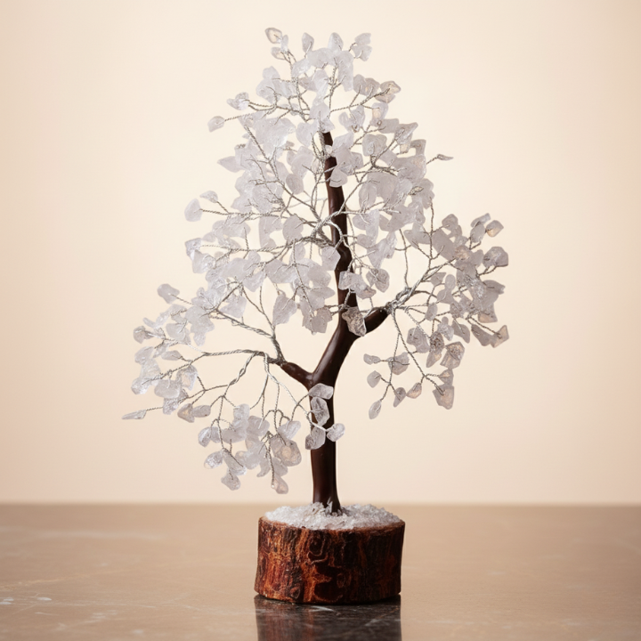 Close-up of Clear Quartz Tree showing natural quartz crystals for meditation and spiritual balance.