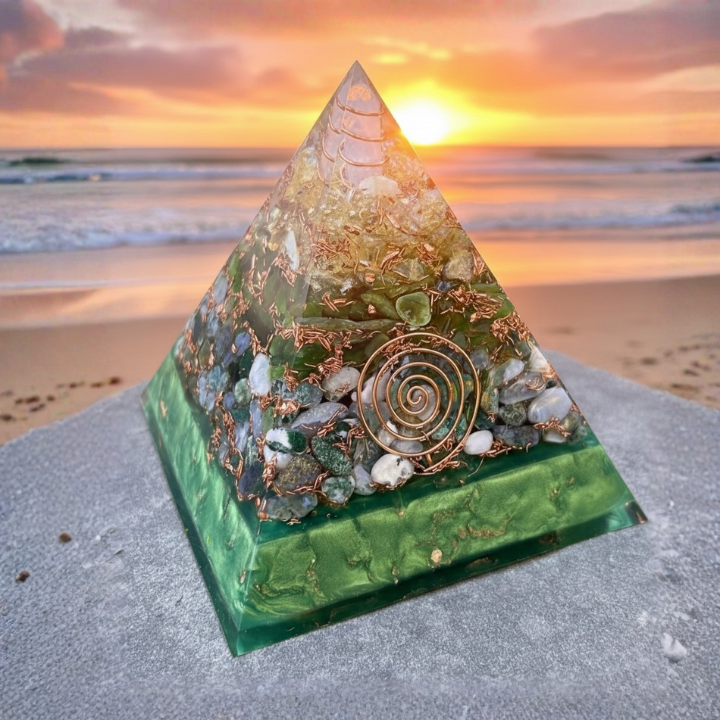 Close-up of Green Jade Pyramid showing natural green jade for vastu, meditation, and abundance.