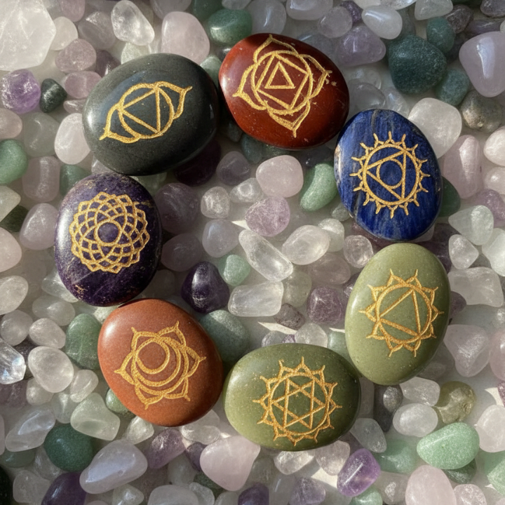 Close-up of Seven Chakras ZIBU Coins showing sacred ZIBU symbols for meditation and chakra healing.