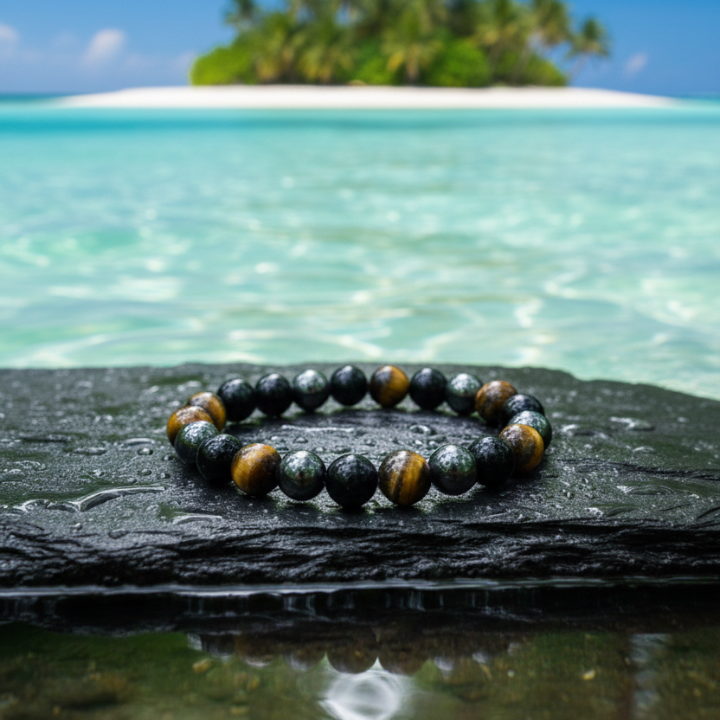 Close-up of Negativity Healing Bracelet showing natural crystals for energy protection, healing, and positive vibes.