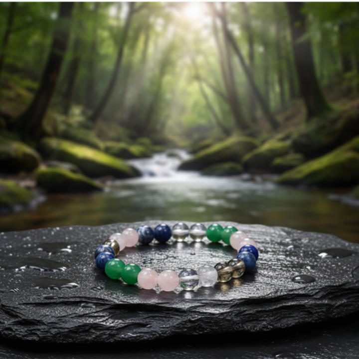 Close-up of Negativity Healing Bracelet showing natural crystals for energy protection, healing, and positive vibes.