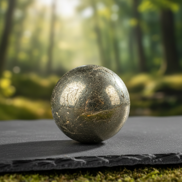 Close-up of Pyrite Cluster Ball showing glittering pyrite crystal clusters for meditation and abundance.