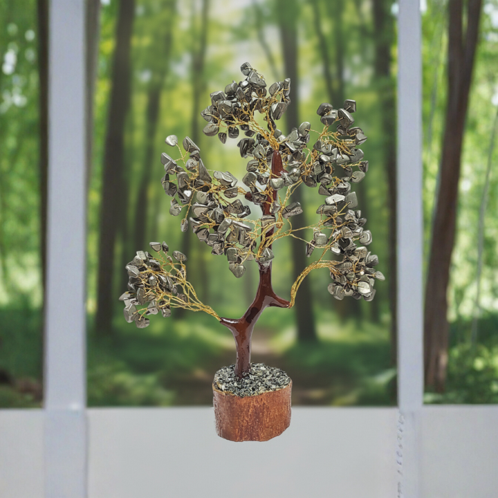 Close-up of Pyrite Tree showing golden pyrite crystals for prosperity and energy healing.