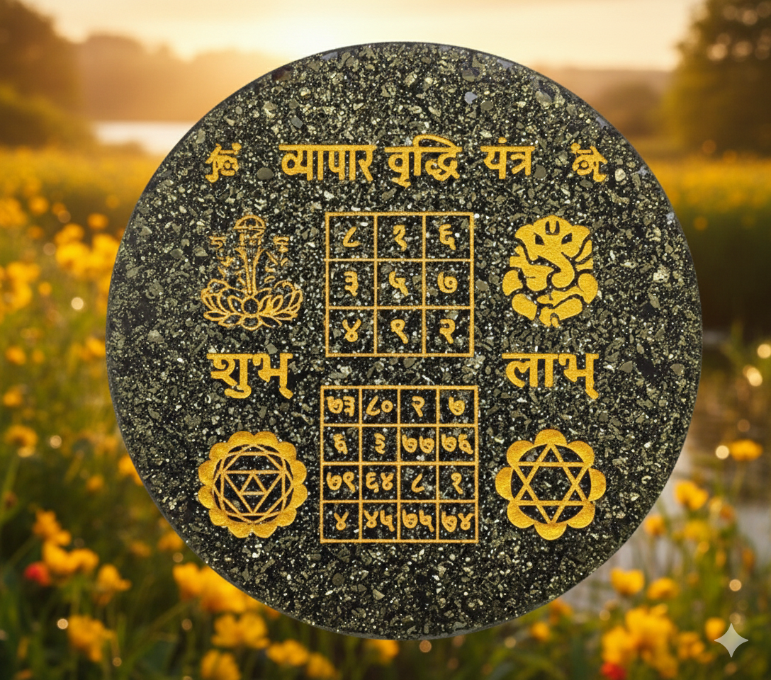 Pyrite Vyapar Vridhi Yantra – Sacred crystal yantra to enhance business growth, wealth, and positive energy.