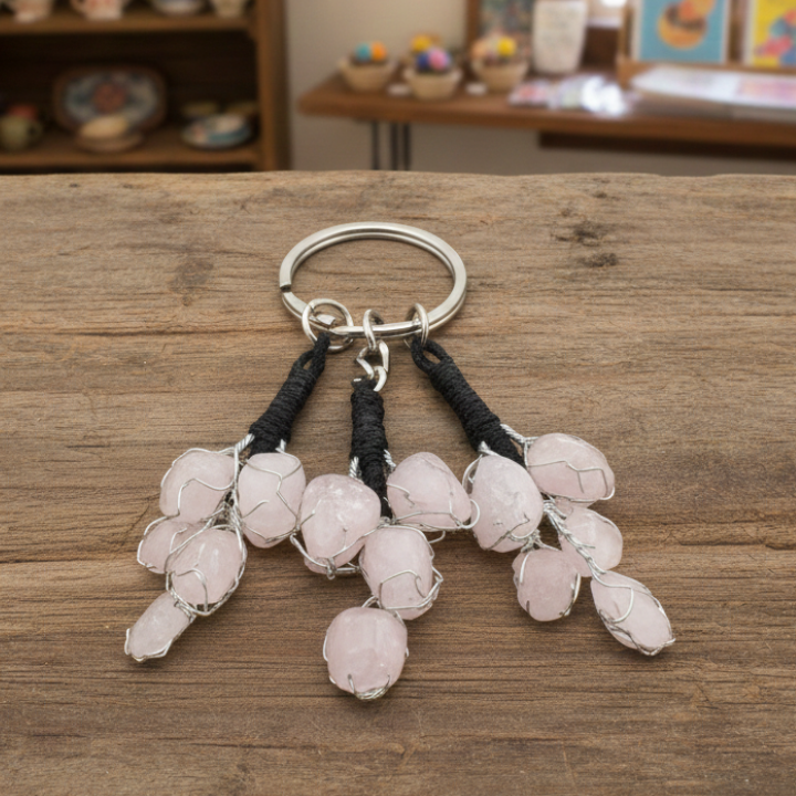 Close-up of Rose Quartz Chain showing pink crystal beads for calmness and positive energy.