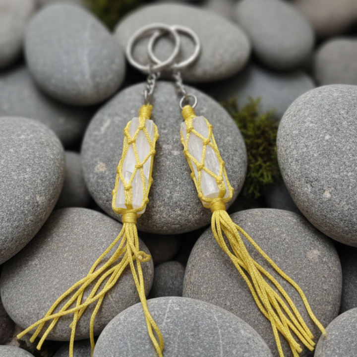 Selenite Key Chains – Crystal key chains promoting calmness, protection, and mental clarity.