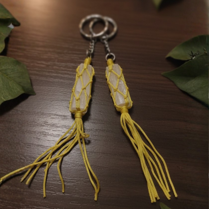 Close-up of Selenite Key Chains showing natural selenite crystals for energy protection and clarity.