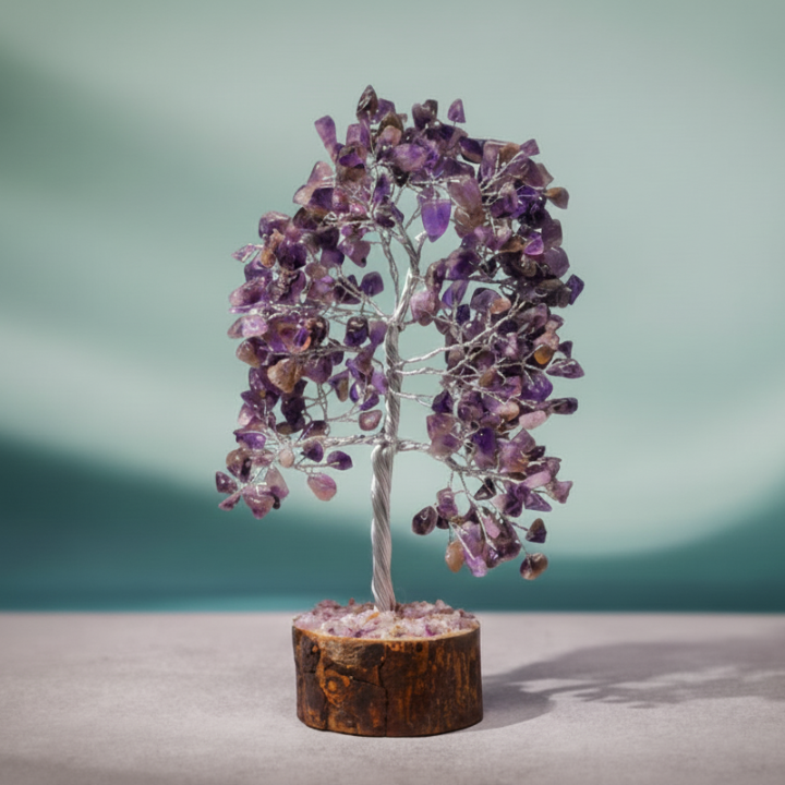 Close-up of Amethyst Tree showing purple amethyst crystals for meditation and spiritual balance.
