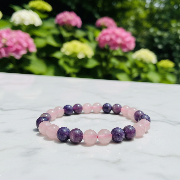 Close-up of Stress Healing Bracelet showing energy-balancing crystals for anxiety relief and mental focus.