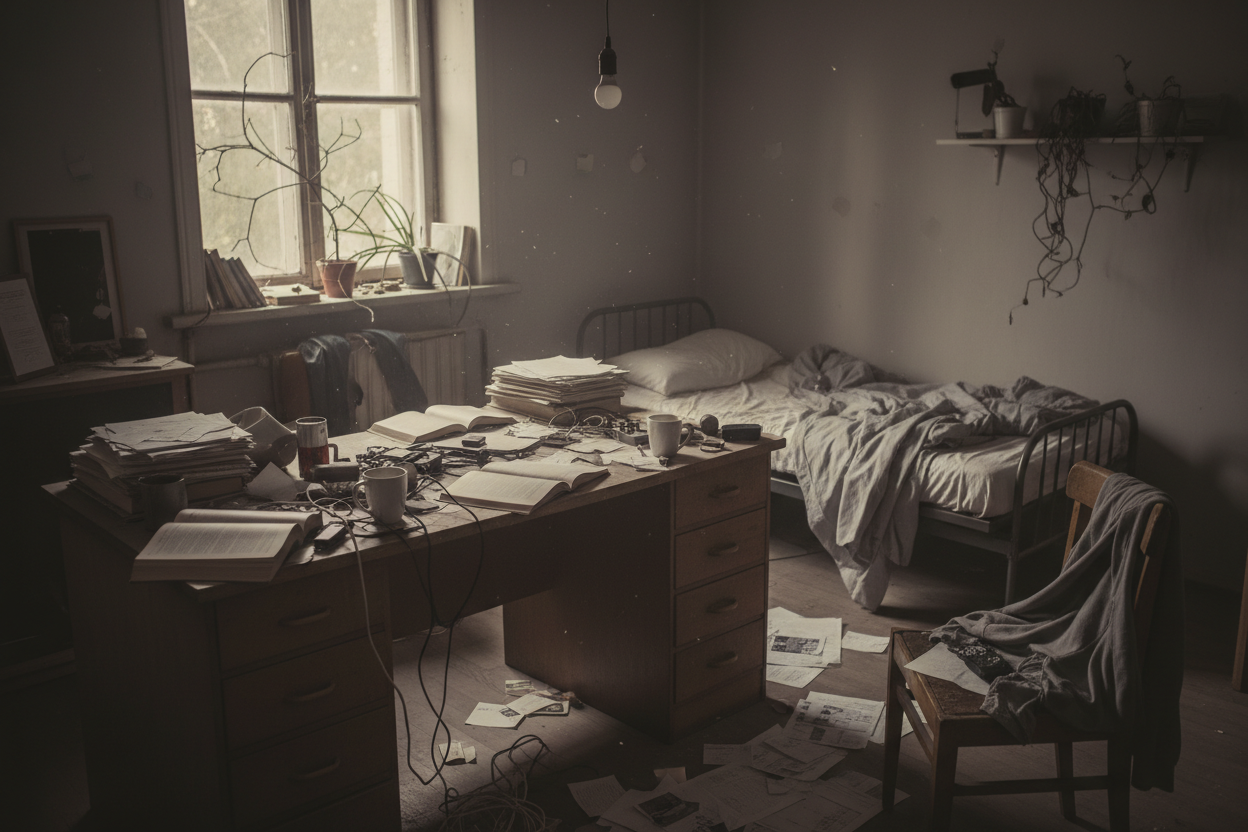 A cluttered and dull room or workspace, dimly lit, messy desk with scattered papers and objects, gray and brown muted colors, no crystals or decorative elements, chaotic and unorganized atmosphere, low energy, realistic interior design, moody lighting.

