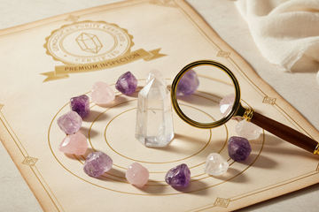 “A neatly arranged set of crystals with a certification-style layout, soft neutral background, magnifying glass on one stone highlighting clarity, premium inspection feel, subtle golden accents, professional and trustworthy aesthetic, high-quality studio lighting.”