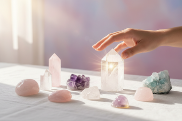 “A serene spiritual workspace with healing crystals placed on a clean white cloth, soft golden light coming from the side, a healer’s gentle hands charging a crystal with energy, glowing aura around the stones, pastel pink and purple tones, minimalistic aesthetic, high-quality product photography, soft-focus background, peaceful healing ambience.”