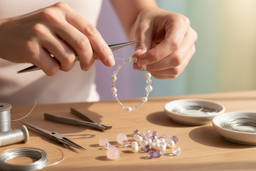 “An artisan’s hands crafting a crystal bracelet, tools neatly placed around, soft pastel background, warm lighting, focus on craftsmanship and detail, beads and crystals sparkling gently, minimal and elegant composition, handmade luxury vibe.”