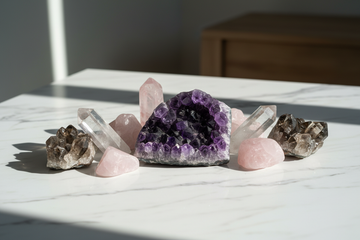 “Close-up shot of natural raw crystals arranged aesthetically on a marble surface, direct natural sunlight creating soft shadows, vibrant textures of amethyst, rose quartz, clear quartz, minimal background, elegant and premium look, high-resolution product display, clean and authentic feel.”