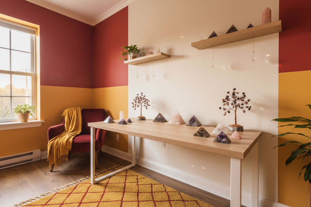 The same room or workspace transformed, bright and organized, warm lighting, clean desk with crystals like pyramids, trees, and pendants on desk and shelves, vibrant colors with mustard yellow (#FEB21A) and deep red (#EA412A) accents, energetic and uplifting atmosphere, cozy and inviting interior, realistic and high-quality.
